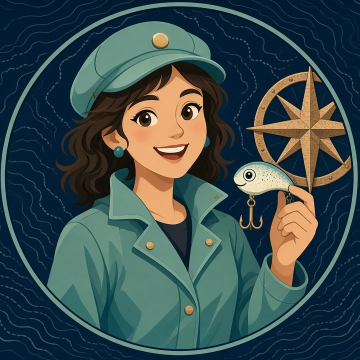Illustrated portrait of Julia, HeyCatch growth guide at Resonant Solutions, in a seafoam slicker and cap holding a fishing lure